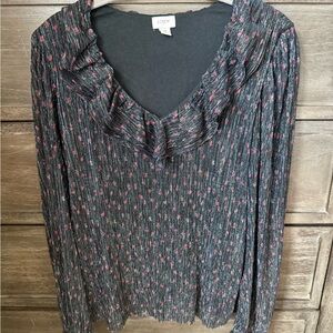 J. Crew Black Ruffled Blouse with V-Neckline